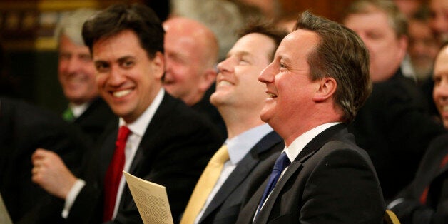 Britain's Prime Minister David Cameron, right, accompanied by Labour party leader Ed Miliband, left, and Deputy Prime Minister Nick Clegg, centre, laugh as they wait for the arrival of Irish President Michael D. Higgins to deliver a speech at the Houses of Parliament in London, Tuesday, April 8, 2014. The state visit by President Michael D. Higgins is the first by an Irish head of state since Ireland threw off British rule and its monarchy a century ago, and this visit is seen as a sign of how Northern Ireland's peace process has transformed relations between two one-time enemies. Higgins said that while it was impossible to