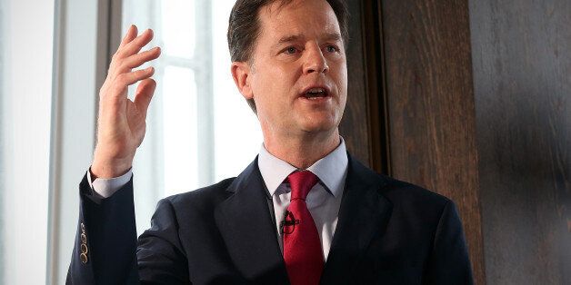 LONDON, ENGLAND - FEBRUARY 05: Liberal Democrat leader and deputy Prime Minister, Nick Clegg, gestures during a press conference with Chief Secretary to the Treasury, Danny Alexander (not pictured), at the Shangri-La Hotel on February 5, 2015 in London, England. The pair laid out the Liberal Democrats fiscal plans for the next Parliament. (Photo by Carl Court/Getty Images)