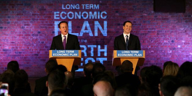MANCHESTER, ENGLAND - JANUARY 08: Prime Minister David Cameron and Chancellor George Osborne deliver a speech to business leaders on their long term economic plan at a conference in the Old Granada TV Studios on January 8, 2015 in Manchester, England. (Photo by Peter Byrne - WPA Pool/Getty Images)