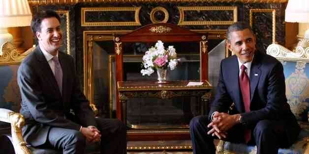 President Barack Obama meets with British opposition leader Ed Miliband at Buckingham Palace in London, Tuesday, May 24, 2011. (AP Photo/Charles Dharapak)