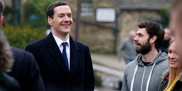 LEEDS, UNITED KINGDOM - FEBRUARY 05: Kelvin Fletcher (R) and the Chancellor Of The Exchequer George Osborne during a visit to the set of television series Emmerdale on the Harewood Estate on February 5, 2015 in Leeds, England. (Photo by Lynne Cameron - WPA Pool/Getty Images)