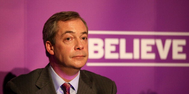 CANVEY ISLAND, ENGLAND - FEBRUARY 12: United Kingdom Indepedence Party (UKIP) leader Nigel Farage speaks to supporters as he launches UKIP's General Election Campaign at the Movie Starr cinema on February 12, 2015 in Canvey Island, England. Mr Farage is making his first major speech of the 2015 general election. He has stated that both the Conservative and Labour parties fear that UKIP will hold the balance of power in an election with no clear winner. (Photo by Peter Macdiarmid/Getty Images)