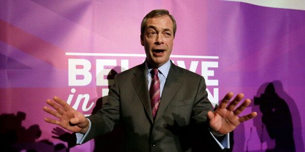 FILE - In this Thursday, Feb. 12, 2015 file photo, UK Independence Party (UKIP) leader Nigel Farage leaves the stage after delivering his first major speech of UKIP's 2015 general election campaign at the Movie Starr Cinema on Canvey Island, England. Britain's general election will be held on Thursday, May 7. (AP Photo/Tim Ireland, File)