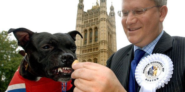 Andrew Rosindell MP for Romford Essex, feeds his dog Buster a 3 year-old Staffordshire Bull Terrier before the Westminster MP's dog of the year contest, that is held close to the House of Commons, London.
