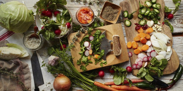 Various vegetables shot from above on white wood