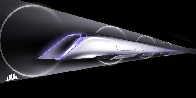 An image released by Tesla Motors, is a conceptual design rendering of the Hyperloop passenger transport capsule. Billionaire entrepreneur Elon Musk on Monday, Aug. 12, 2013 unveiled a concept for a transport system he says would make the nearly 400-mile trip in half the time it takes an airplane. The