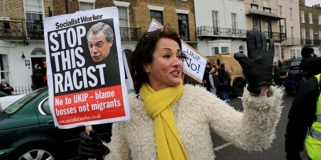 Anti-Ukip protestors gather outside the Ukip Spring Conference at the Winter Gardens Theatre in Margate, Kent.