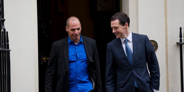 British Finance Minister George Osborne, right, walks out to bid farewell to Greece's new finance minister Yanis Varoufakis after their meeting at 11 Downing Street in London, Monday, Feb. 2, 2015. France's Socialist government offered support Sunday for Greece's efforts to renegotiate debt for its huge bailout plan, amid renewed fears about Europe's economic stability. The backing was a victory for Varoufakis, striking a more conciliatory tone as he seeks new conditions on debt from creditors