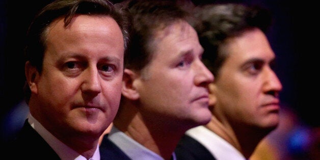 LONDON, ENGLAND - JANUARY 27: Prime Minister David Cameron, British Deputy Prime Minister Nick Clegg and Leader of the Labour Party, Ed Miliband attend a Holocaust Memorial Day ceremony at Central Hall Westminster on January 27, 2015 in London, England. (Photo by Chris Jackson/WPA Pool/Getty Images)