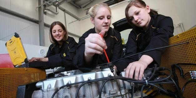 Embargoed to 00:01 Wednesday September 20, 2006(Left to right): Katie Astbury, 18, from Derby, Jane Randle, 18, from Hucknell and Emma Lynam, 16, from Derby; some of the first women trainees on the AA Advanced Apprenticeship Programme at in their workshop in Melton Mowbray, Leicester.