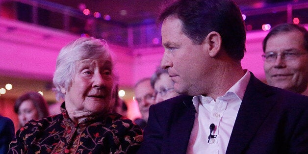 BRIGHTON, ENGLAND - MARCH 08: (L-R) Women and equalities minister Jo Swinson, Dame Shirley Williams and Deputy Prime Minister Nick Clegg talk before a speech during the opening day of the Liberal Democrat spring party conference on March 8, 2013 in Brighton, England. The conference opens in the wake of several scandals within the party, but also after a successful by-election campaign in the constituency of Eastleigh. (Photo by Matthew Lloyd/Getty Images)