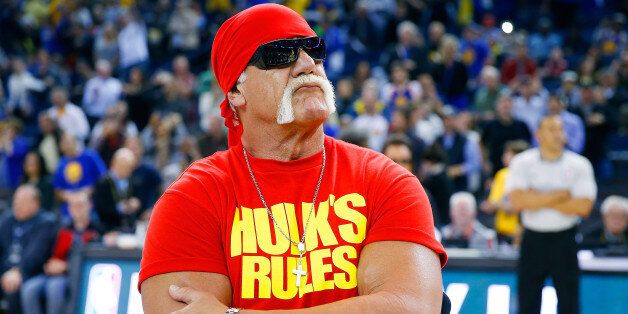 OAKLAND, CA - NOVEMBER 13: Hulk Hogan pumps of the Warriors fans before the start of an NBA basketball game between the Brooklyn Nets and the Golden State Warriors at ORACLE Arena on November 13, 2014 in Oakland, California. NOTE TO USER: User expressly acknowledges and agrees that, by downloading and or using this photograph, User is consenting to the terms and conditions of the Getty Images License Agreement. (Photo by Thearon W. Henderson/Getty Images)