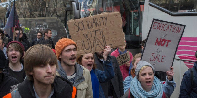 Students, education workers and supporters march from London School of Economics to the London College of Communication on March 25, 2015 In London UK. The demonstration is aimed primarily at protesting a series of devastating cuts to Foundation courses at University Of Arts London, but is also themed around a broader fight for free and democratic education. Photo by Paul Mendoza/Pacific Press/ABACAPRESS.COM