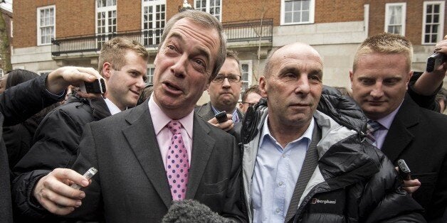 Leader of the United Kingdom Independence Party (UKIP), Nigel Farage speaks to members of the media after announcing his party's key election pledges in central London on March 30, 2015. AFP PHOTO / NIKLAS HALLE'N (Photo credit should read NIKLAS HALLE'N/AFP/Getty Images)