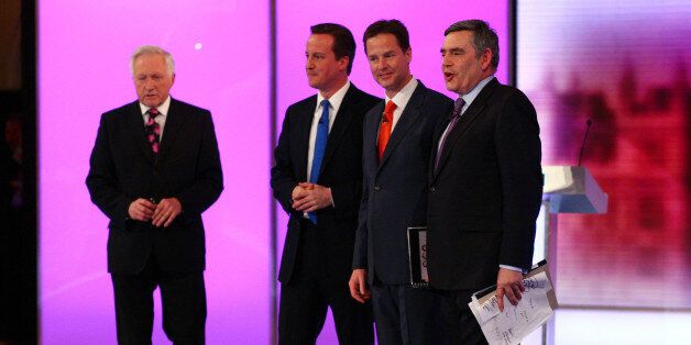 Election debate moderator David Dimblebly (far left), stands with Conservative Party leader David Cameron (second left) Liberal Democrat leader Nick Clegg (second right) and Prime Minister Gordon Brown, following the final live leaders' election debate, hosted by the BBC in the Great Hall of Birmingham University.