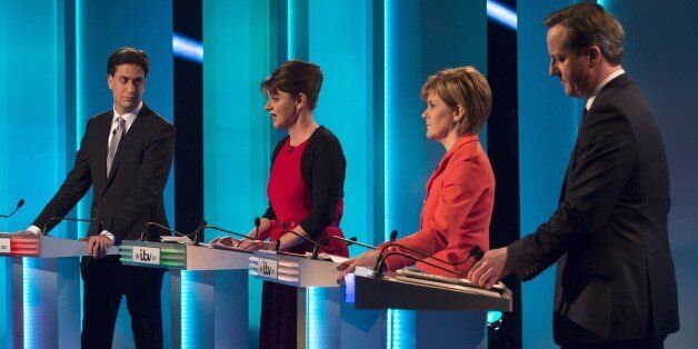 SALFORD, ENGLAND - APRIL 2: (EDITORIAL USE ONLY. NO MERCHANDISING. NO ARCHIVE AFTER MAY 02, 2015) In this handout provided by ITV, (L-R): Labour leader Ed Miliband, Plaid Cymru leader Leanne Wood, Scottish National Party leader Nicola Sturgeon and British Prime Minister and Conservative leader David Cameron take part in the ITV Leader's Debate 2015 at MediaCityUK studios on April 2, 2015 in Salford, England. Tonight sees a televised leaders election debate between the seven political party leaders. The debate will be the only time that David Cameron and Ed Miliband will face each other before polling day on May 7th. (Photo by Ken McKay/ITV via Getty Images)