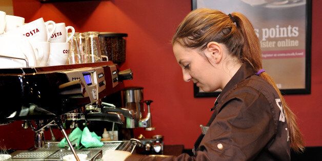 Michaela Seidnerova on her first day at work at Costa coffee in Mapperley, Nottingham.