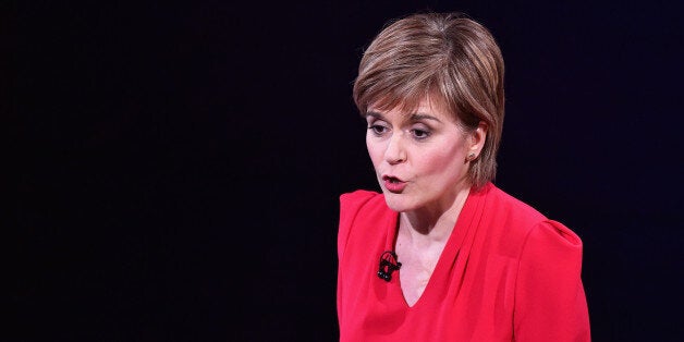 EDINBURGH, SCOTLAND - APRIL 07: First Minister and SNP leader Nicola Sturgeon speaks during the Scottish Television Debate at the Assembly Rooms on April 7, 2015 in Edinburgh, Scotland. Moderated by STV political editor Bernard Ponsonby, tonight's live televised debate will be the first time the public have had the chance to see the major party leaders in Scotland go head to head. (Photo by Jeff J Mitchell/Getty Images)