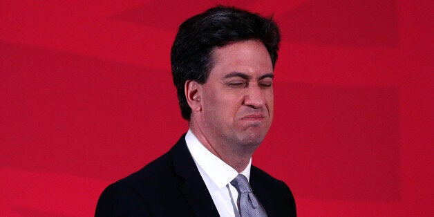 LONDON, ENGLAND - APRIL 09: Labour leader Ed Miliband leaves the lecturn after making a speech as he launches his party's education manifesto on April 9, 2015 in London, England. The manifesto was launched as the election campaign entered its second week. (Photo by Carl Court/Getty Images)