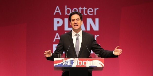 MANCHESTER, ENGLAND - APRIL 13: Labour leader Ed Miliband addresses supporters during the party's launch of it's 2015 election manifesto at the Old Granada TV studios on April 13, 2015 in Manchester, England. Ed Miliband pledged a Labour government would cut the deficit every year and that no additional borrowing would be needed to fund their policies. (Photo by Christopher Furlong/Getty Images)