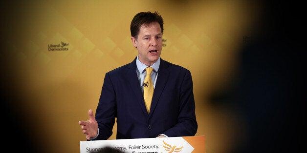 LONDON, ENGLAND - APRIL 12: Liberal Democrat leader Nick Clegg speaks during a press conference in which the Liberal Democrat's outlined their manifesto expenditure at The Queen Elizabeth II Conference Centre on April 12, 2015 in London, England. Chair of the Liberal Democrat Manifesto Group David Laws and party leader Nick Clegg laid out detailed manifesto plans to cut less than the Tories and borrow less than Labour at a press conference ahead of the forthcoming general election. (Photo by Carl Court/Getty Images)