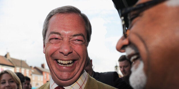 YARM, ENGLAND - APRIL 23: UK Independence Party leader Nigel Farage meets locals and party officials during a visit on April 23, 2014 in Yarm, England. Nigel Farage visits Yarm as part of a North-east tour ahead of next month's European elections. (Photo by Ian Forsyth/Getty Images)