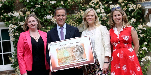 Left to right, Mary Macleod, a Conservative member of parliament, Mark Carney, governor of the Bank of England, Stella Creasy, a Labour and Co-operative member of parliament, and Caroline Criado-Perez, co-founder of the Women's Room, pose for a photograph following the presentation of the concept design for the new Bank of England ten pound banknote, featuring author Jane Austen at the Jane Austen House Museum in Chawton, near Alton, U.K., on Wednesday, July 24, 2013. Jane Austen will appear on