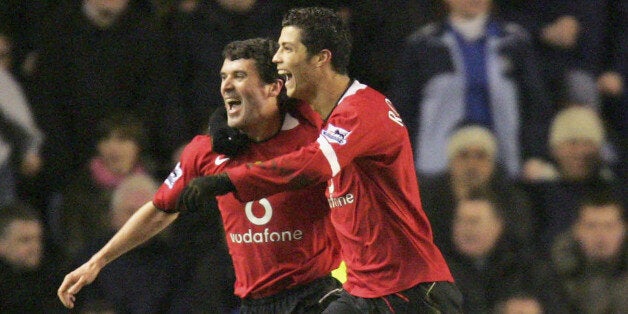 Ronaldo celebrates scoring at Everton in the FA Cup with Keane back in February 2005