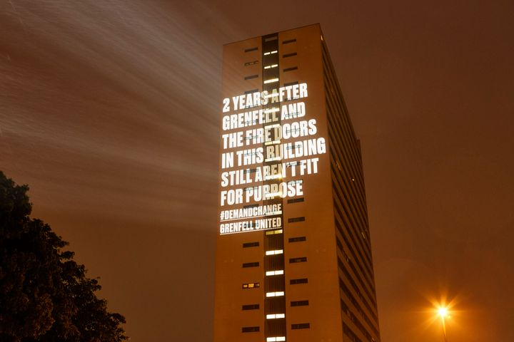 Cruddas Park House in Newcastle as messages about fire safety from survivors and bereaved families of the Grenfell disaster were lit up on towerblocks on the second anniversary of the blaze.