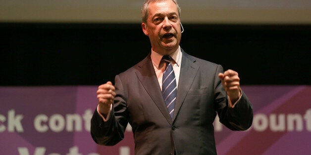 BATH, ENGLAND - APRIL 29: UK Independence Party leader Nigel Farage speaks at a public meeting at The Forum in Bath on April 29, 2014 in Bath and North East Somerset, England. Nigel Farage visited Bath as part of the UKIP tour ahead of next month's European elections. (Photo by Matt Cardy/Getty Images)