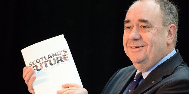 GLASGOW, SCOTLAND - NOVEMBER 26: Scottish First Minister Alex Salmond presents the White Paper for Scottish independance at the Science Museum Glasgow on November 26, 2013 in Glasgow, Scotland. The 670 page document details plans for an independent Scotland, covering proposals for currency, EU membership and defense amongst other topics. The paper, entitled 'Scotland's future: Your guide to an independent Scotland' is launched ahead of the referendum for independence, which will take place on 18