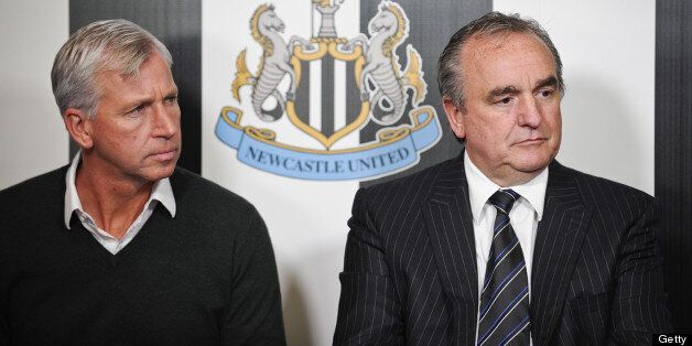 NEWCASTLE UPON TYNE, ENGLAND - OCTOBER 09: Newcastle United's Manager Alan Pardew and Managing Director Derek Llambias during a Newcastle United Press Conference as wonga.com agree a four year shirt sponsorship deal on October 09, 2012, in Newcastle upon Tyne, England. (Photo by Serena Taylor/Newcastle United via Getty Images)