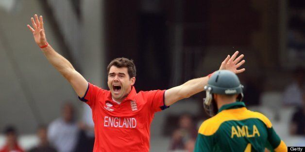 LONDON, ENGLAND - JUNE 19: James Anderson of England sucessfully appeals for an LBW against Colin Ingram of Souh Africa during the ICC Champions Trophy Semi Final match between England and South Africa at The Oval on June 19, 2013 in London, England. (Photo by Richard Heathcote/Getty Images)