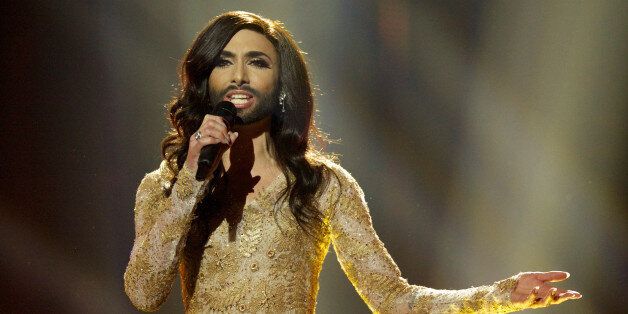 COPENHAGEN, DENMARK - MAY 07: Conchita Wurst of Austria performs during a dress rehearsal the day before the second semi final of the Eurovision Song Contest on May 7, 2014 in Copenhagen, Denmark. (Photo by Ragnar Singsaas/Getty Images)