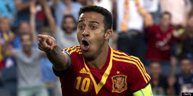 Spain's midfielder Thiago Alcantara celebrates after scoring a goal against Italy during their 2013 UEFA U-21 Championship final football match at Teddy Stadium in Jerusalem on June 18, 2013. AFP PHOTO / JACK GUEZ (Photo credit should read JACK GUEZ/AFP/Getty Images)