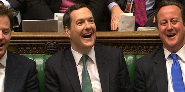 Chancellor of the Exchequer George Osborne and Prime Minister David Cameron react as Shadow Chancellor Ed Balls responds to the Autumn Statement delivered to MP's by George Osborne in the House of Commons, central London.