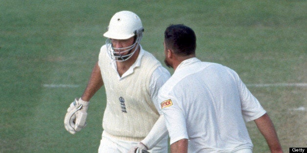 Merv Hughes plays the intimidation game with Graham Hick