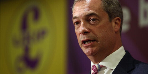 LONDON, ENGLAND - MAY 08: UK Independence Party leader Nigel Farage speaks at the launch of their local election campaign on May 8, 2014 in London, England. At a rally last night Mr Farage countered claims that his Ukip was a racist party, accusing sections of the media of stirring up hatred against them. (Photo by Dan Kitwood/Getty Images)