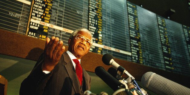 JOHANNESBURG, SOUTH AFRICA - SEPTEMBER 1994: Nelson Mandela, President of South Africa, addresses stockbrokers at the Johannesburg stock exchange. (Photo by Tom Stoddart/Getty Images)