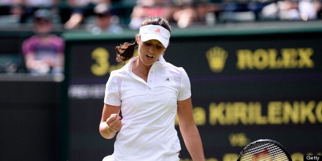 LONDON, ENGLAND - JUNE 25: Laura Robson of Great Britain celebrates a point during her Ladies' Singles first round match against Maria Kirilenko of Russia on day two of the Wimbledon Lawn Tennis Championships at the All England Lawn Tennis and Croquet Club on June 25, 2013 in London, England. (Photo by Dennis Grombkowski/Getty Images)