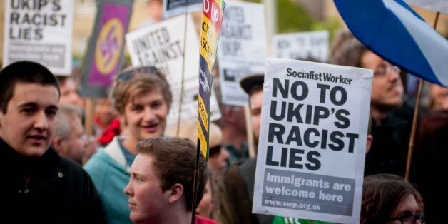 Demonstrators from various organisations travelled from all over the country to protest against UKIP leader, Nigel Farage at the UKIP rally for the European elections, held in Edinburghs' Corn Exchange venue. Friday, 9th May 2014.