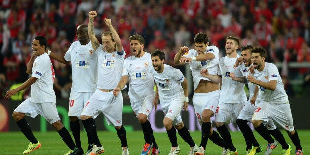 Celebrates after scoring in the penalty shout out during the UEFA Europa league final football match between Benfica and Sevilla on May 14, 2014 at the Juventus stadium in Turin. AFP PHOTO / OLIVIER MORIN (Photo credit should read OLIVIER MORIN/AFP/Getty Images)