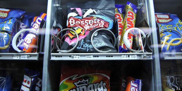 EMBARGOED TO 0001 SATURDAY NOVEMBER 1 An unhealthy vending machine containing high sugar sweets, chocolate and crisps in a Welsh hospital.