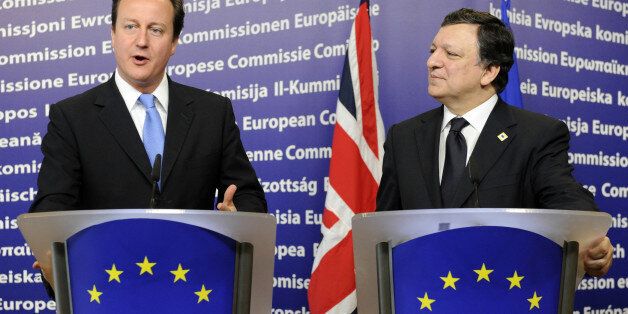 European Commission president Jose Manuel Barroso (R) and British Prime Minister David Cameron give a joint press conference prior to an European Council gathering EU's heads of state on June 17, 2010 in Brussels. During the one-day meeting, EU leaders are expected to adopt 'Europe 2020', the new strategy for jobs and growth, and will also discuss the forthcoming G 20 summit, economic governance and post-Copenhagen climate strategy. AFP PHOTO / JOHN THYS (Photo credit should read
