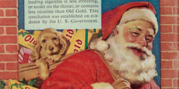 Vintage 1950s Christmas advertisement, Old Gold cigarettes, 1952Tagline:"Delivering 'just what you've always wanted' -- a Treat instead of a Treatment - Old Golds"Published in Quick news weekly magazine, December 22, 1952, Vol. 7, No. 25Fair use/no known copyright. If you use this photo, please provide attribution credit; not for commercial use (see Creative Commons license).