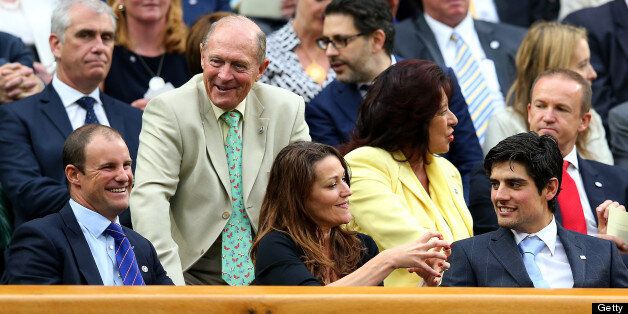 LONDON, ENGLAND - JUNE 28: (L-R) England cricketers past and present Andrew Strauss, Geoffrey Boycott and Alastair Cook take their seats in the Royal Box on Centre Court on day five of the Wimbledon Lawn Tennis Championships at the All England Lawn Tennis and Croquet Club on June 28, 2013 in London, England. (Photo by Julian Finney/Getty Images)
