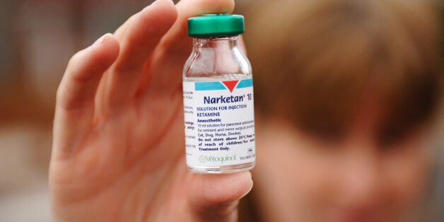 A person holding up a bottle of Ketamine, Horse tranquilliser, UK 2006. (Photo by: PYMCA/UIG via Getty Images)