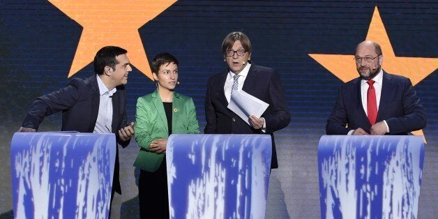 (LtoR) Alexis Tsipras, the leader of the left-wing Greek party Syriza, German European MP Franziska Keller aka Ska Keller, co-candidate for the European Commission presidency, top candidate of the German Social Democratic Party (SPD) for the 2014 European elections Martin Schulz are pictured before a debate on May 15,2014 at the EU Headquarters in Brussels. AFP PHOTO/JOHN THYS (Photo credit should read JOHN THYS/AFP/Getty Images)