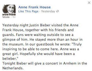 6. Justin Bieber pays a visit chez Anne Frank