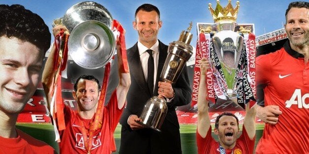 MANCHESTER, ENGLAND - MAY 06: Interim Manager Ryan Giggs of Manchester United applauds the fans after the Barclays Premier League match between Manchester United and Hull City at Old Trafford on May 6, 2014 in Manchester, England. (Photo by John Peters/Man Utd via Getty Images)